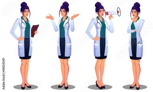 Beautiful Female Doctor Expressing Different Emotions, Confused, Thinking, Announcing, and Standing vector File