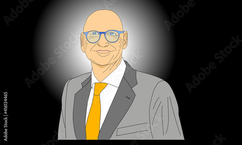 Geschäftsmann mit glatze im grauen Jackett vor schwarzem Hintergrund mit kreisrunder Ausleuchtung