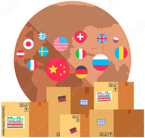 Earth with flags of world. Planet surrounded by national symbols of countries. Flags of different countries and nationalities around globe. Boxes with parcels for international delivery of goods
