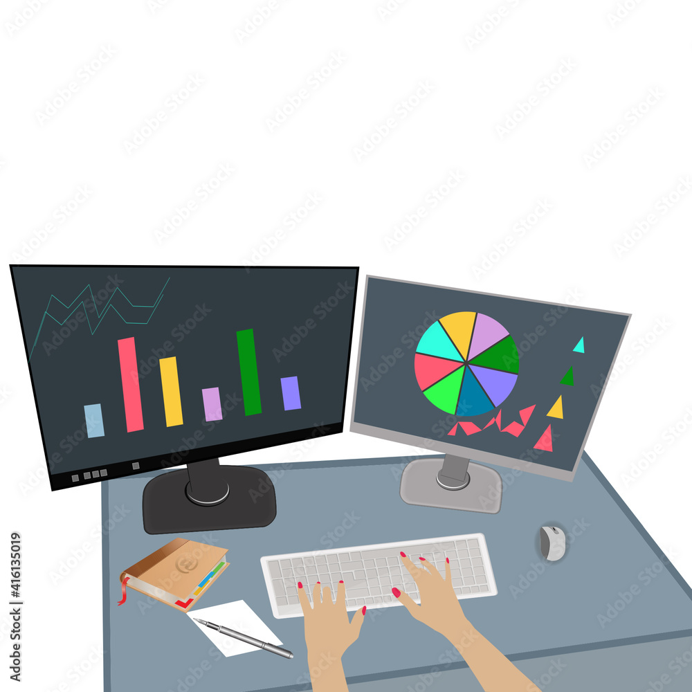 Obraz premium Data analysis - female hands on the keyboard, two computers, diagrams - vector. Business Technology