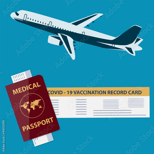 Covid - 19 vaccinated record card, medical passport, airplane vector. Travel with a new demand. Preventive action. Health care concept.