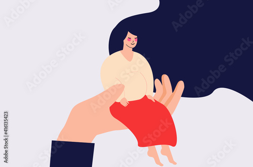 Flat character pregnant female sits on a doctor's hand during a check-up. Medical care in hospital, maternity for a woman. Gynecologist, psychological, Prenatal medical concept. Vector illustration. 