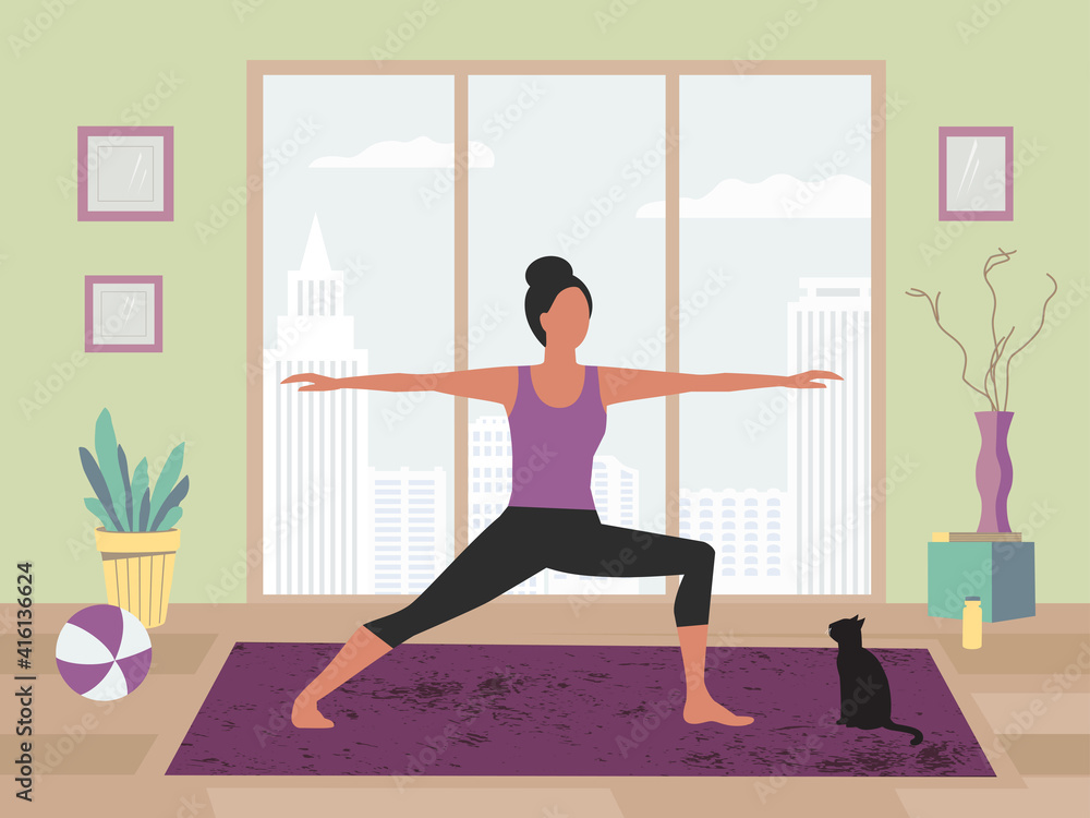 Girl training yoga stay at home vector