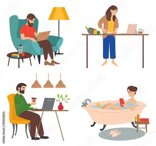 Set of people at home in various situations, people relax, do household chores and correspondence surfing the Internet, communicating through network. Social media network, digital gadget addiction