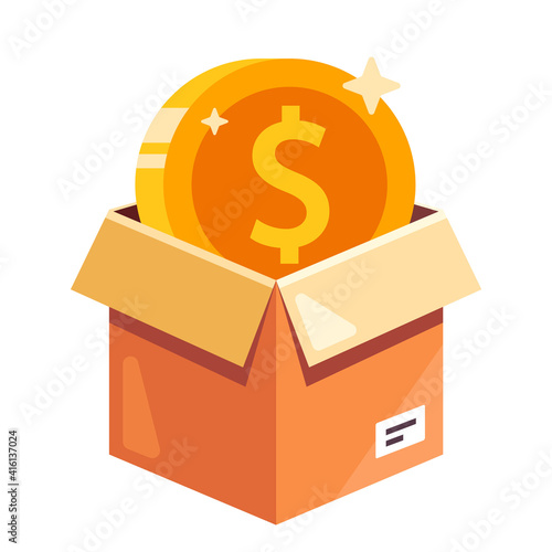an open box containing a gold coin. send a coin for collection by mail. flat vector illustration.
