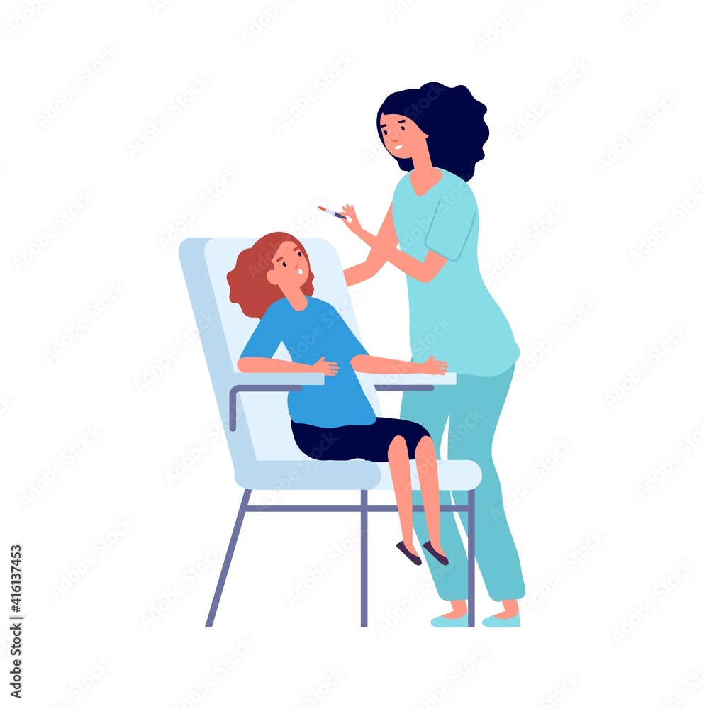 Vaccination time. Children vaccinate, doctor pediatric and little girl. Cartoon flat medical characters, healthcare and treatment vector illustration. Doctor and vaccine, immunization for health