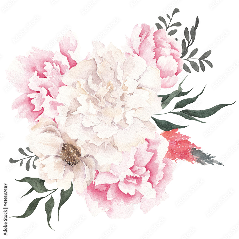 Fototapeta Watercolor floral bouquet with pastel flowers, leaves and branches, isolated on white background