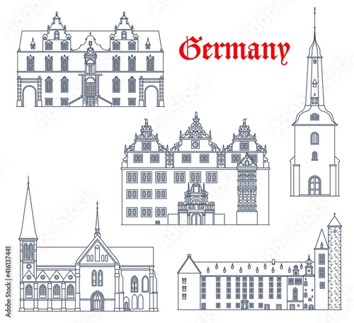 Germany landmarks architecture, German city vector icons of cathedrals and churches buildings in Schleswig Holstein. Meldorf cathedral and Glueckstadt kirche church, Muenden rathaus and castle