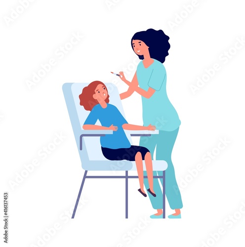 Vaccination time. Children vaccinate, doctor pediatric and little girl. Cartoon flat medical characters, healthcare and treatment vector illustration. Doctor and vaccine, immunization for health