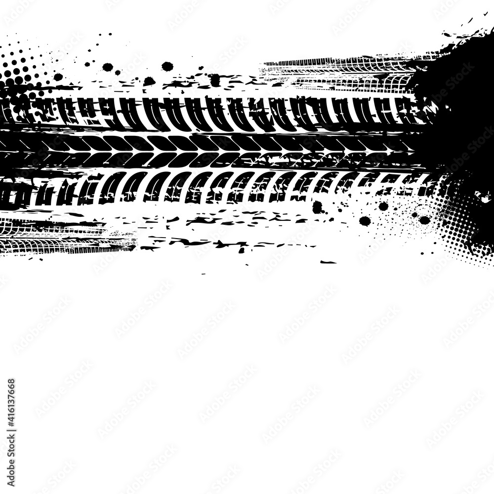 Tracks of tyre, tire print traces and bike drift treads, vector dirt