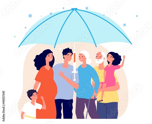 Family vaccinate. Vaccination concept, innovation virus protection vaccine. Happy parents, grandparent treatment and safety health vector illustration. Health family, vaccine injection