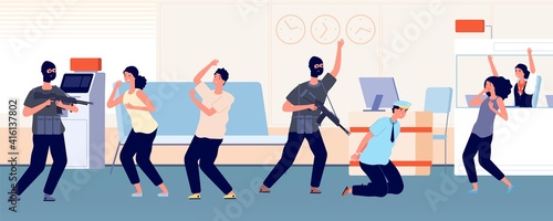 Robbery. Bank criminals, hostages and thieves, afraid characters. Armed men in masks and with weapons attacked men and women vector illustration. Robbery in bank, crime with hostage