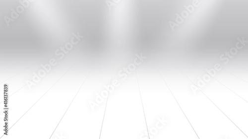 White perspective background. Wood floor and lights, realistic elements empty backdrop or stage vector illustration. Wooden interior board, parquet hardwood textured