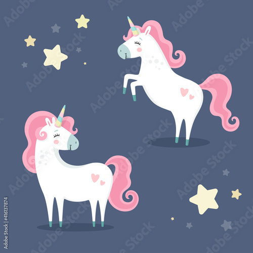 Set of cute magical unicorn. Little princess theme. Vector hand drawn illustration. Beautiful fantasy cartoon animal. Great for kids party  greeting cards  invitation  print for apparel