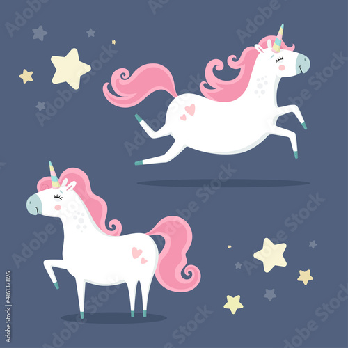 Set of cute magical unicorn. Little princess theme. Vector hand drawn illustration. Beautiful fantasy cartoon animal. Great for kids party, greeting cards, invitation, print for apparel