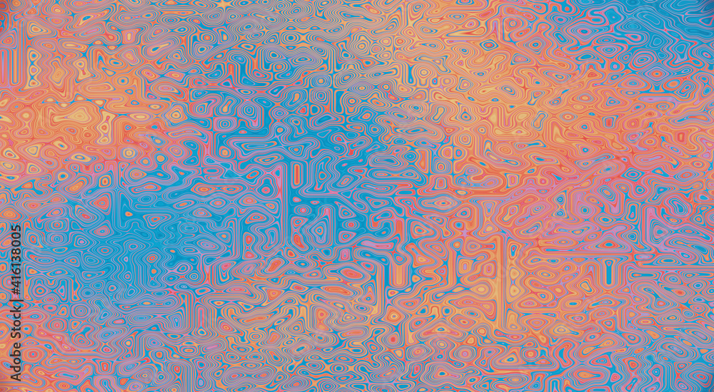 Blue, orange flowing colors, marked-out from each other. A look like a surface of a digital circuit. 3D render, 3D illustration