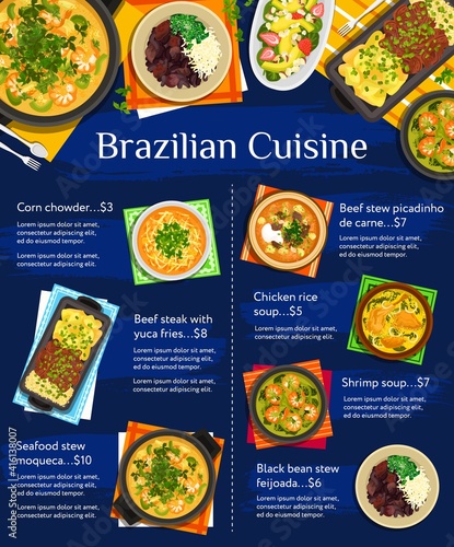 Brazilian cuisine vector menu template avocado strawberry salad, corn chowder and black bean stew feijoada. Beef stew picadinho de carne, shrimp soup, seafood stew moqueca and chicken rice soup meals