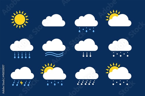 Weather icons. Season climate, precipitation rain and snow. Flat meteo report or forecast elements. Sunny cloudy rainy utter vector symbols. Illustration weather rain symbol, thunderstorm and sun