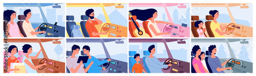 People driving car. Romantic lady, happy couple trip with map. Drive cars, smile driver adventure alone. Ride on road utter vector concept. Illustration car transportation on road, people in auto