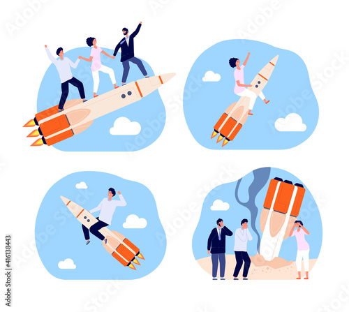 Business startup. Bankruptcy characters, rocket launch strategy. Corporate teamwork, team fail and success start up vector metaphors. Illustration rocket launch startup, businessman team bankruptcy