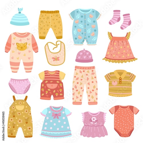 Baby apparel. Flat girl shirt, socks and clothes set for children. Boys cloth, fashion fabric dress, jumpsuit and pants exact vector collection. Clothes pajamas, garment stylish for baby illustration