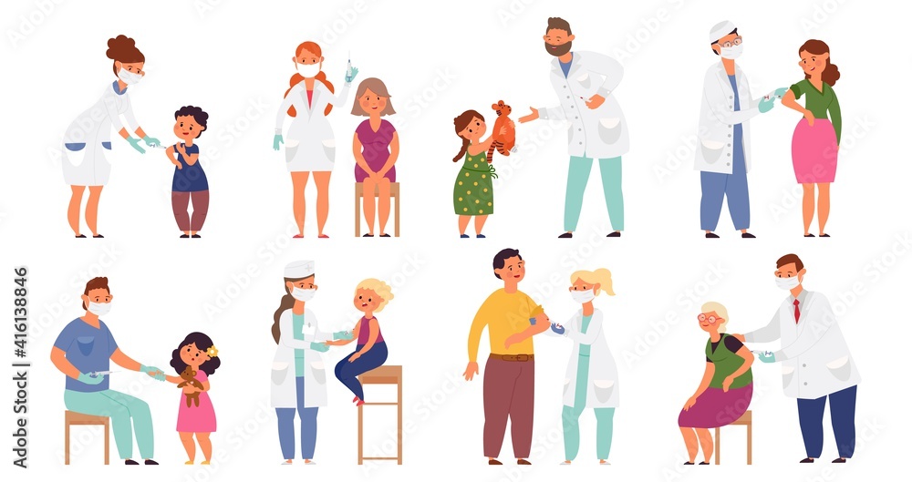 People vaccination. Flat sick child, vaccinations from flu virus. Cartoon doctor, hospital worker and young pediatrician vector characters. Illustration prevention vaccination flu, vaccine injection