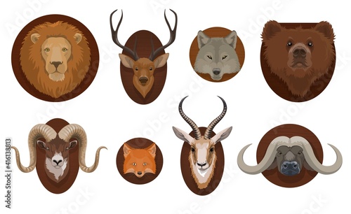 Hunting trophies, wild animal head mount. Lion, wolf and grizzly bear, forest deer, mountain ram and african gazelle with horns, fox, cape buffalo head on different shape wooden boards cartoon vector