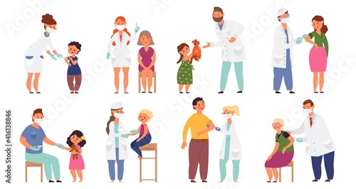 People vaccination. Flat sick child  vaccinations from flu virus. Cartoon doctor  hospital worker and young pediatrician vector characters. Illustration prevention vaccination flu  vaccine injection
