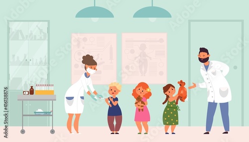 Children vaccination. Flat sick child, vaccinations flu or viruses. Hospital doctors, pediatrician and kids vaccinate vector illustration. Vaccination child virus, boy and girl queue for injection