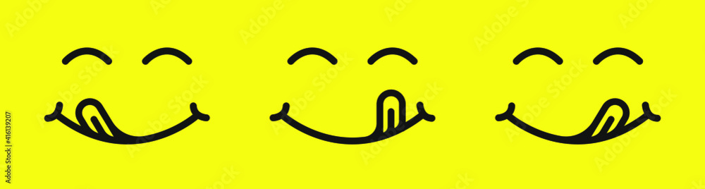 Set of yummy smile cartoon line emoticon with tongue lick mouth. Delicious tasty food eating emoji face on yellow background. Set of yummy smile cartoon line emoticon with tongue lick mouth. Delicious tasty food eating emoji face on yellow background.