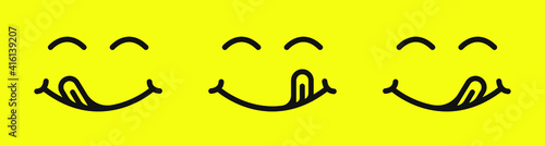 Set of yummy smile cartoon line emoticon with tongue lick mouth. Delicious tasty food eating emoji face on yellow background.