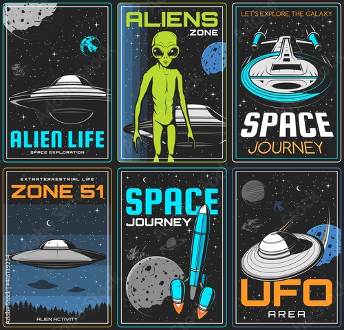 Alien zone, UFO space journey retro posters. Extraterrestrial civilization life spacecrafts, alien green humanoid with big eyes and flying saucer in outer space vector. UFO activity area banner
