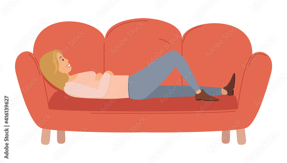 Woman lying on the sofa. Happy smile girl relaxing. Relax on couch and  dream. Mother resting.