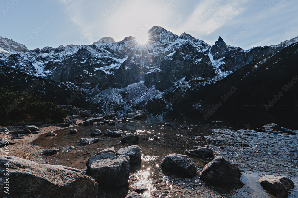 Famous polish mountains Sea Eye Lake (Morskie Oko) in spring. Tatra National Park, Poland