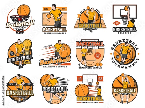 Basketball tournament, college club or league championship icons set. Caucasian basketball player dribbling and throwing ball on court, doing slam dunk in hoop vector. Sport competition retro emblems