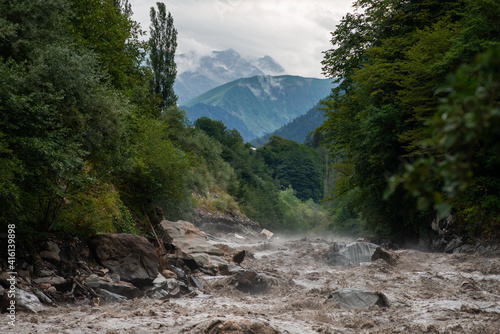 Flooded river in the mountain valley