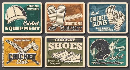 Cricket sport retro posters. Bats and ball, cricket player in helmet, shoes and cap, batsman gloves and wicket-keeper protective pads, playing field vector. Sport equipment shop, competition banners