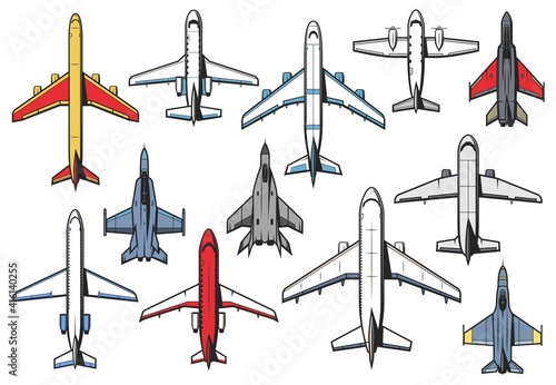 Planes and airplanes icons, aviation aircraft retro and modern, vector top view. Civil and military aviation planes, fighter bombarder aircraft and fly jets with with pilot cockpit, avia transport