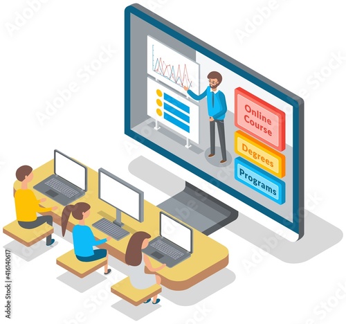 University lecture with instructor and students. Man teacher conducts a lecture remotely online use charts and teaching statistical analysis. Business trainer explaining presentation on laptop screen