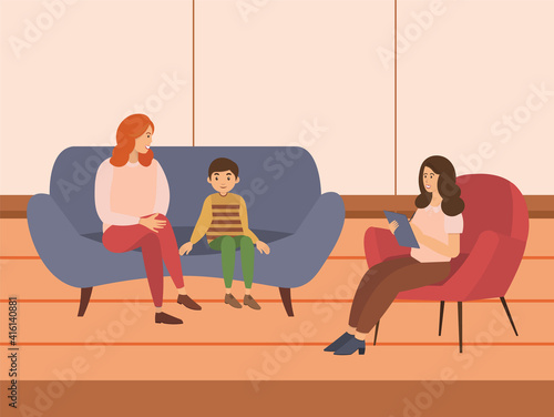 Conversation between mother, child and female psychologist or psychotherapist makes notes in a notebook. Family psychotherapy, psychotherapeutic aid for children with mental problems, consultation