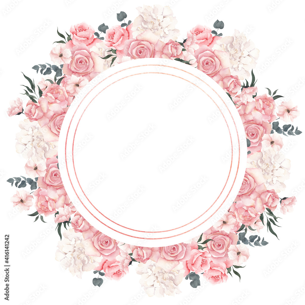 Watercolor frame with flowers and leaf, isolated on white background Watercolor frame with flowers and leaf, isolated on white background