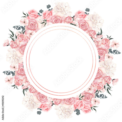 Watercolor frame with flowers and leaf  isolated on white background