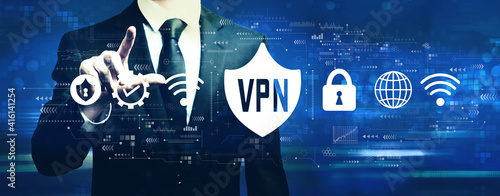 VPN concept with businessman on a dark blue background