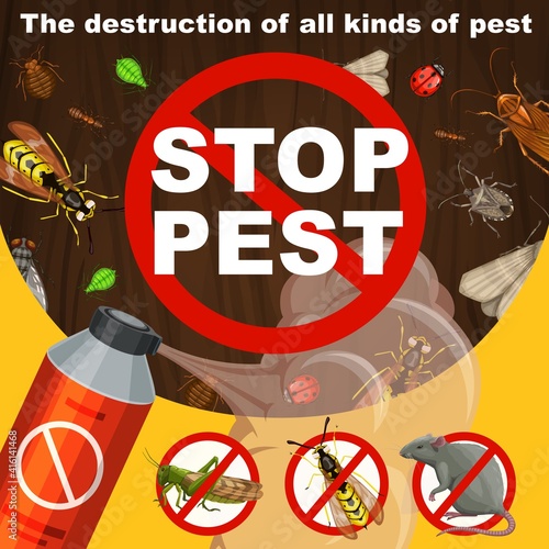 Insects extermination and pest control banner. Repellent or insecticide aerosol, locust, wasp and hornet, bedbug, cockroach and ant or termite, fly, indianmeal moth and rat in prohibition sign vector