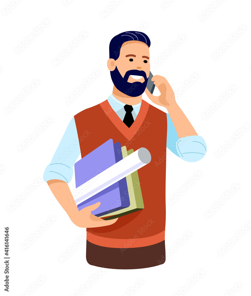 Man architect, engineer with drawings and folders. Vector flat illustration isolated on white background.