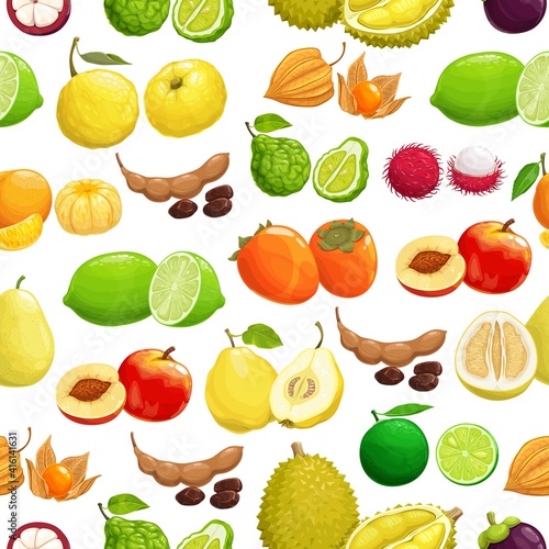 Fototapeta Naklejka Na Ścianę i Meble -  Fruits tropical pattern background, seamless fruit harvest, vector. Exotic fruits background of tropic durian, tamarind and peach, physalis, lime and bergamot, lychee and tangerine seamless pattern