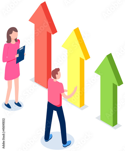 Woman and man looking at growing arrows chart. Infographics, growth graph with finance of business. People analysing info, infochart and communicate. Business statistics, financial strategy concept.