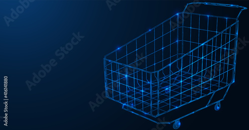 Cart on wheels for shopping. Online store. Low-poly construction of interlocking lines and dots. Blue background.