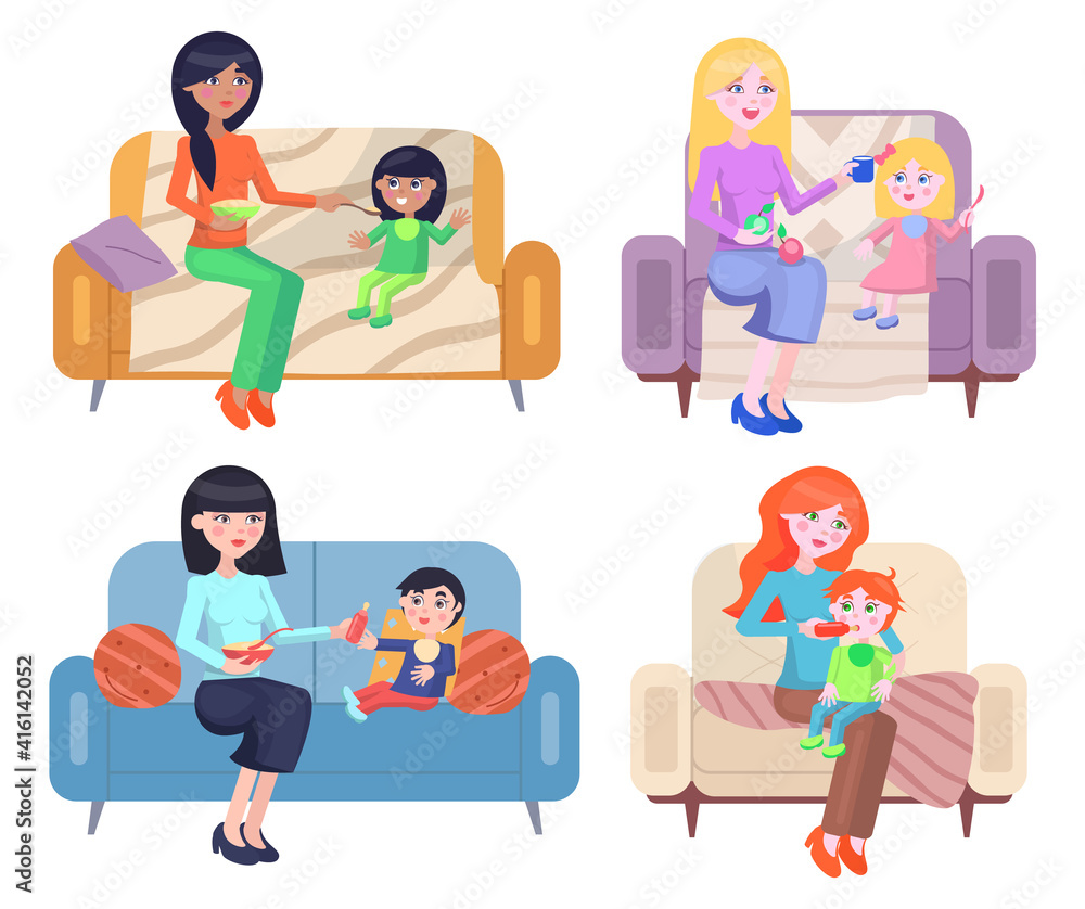 Set of illustrations on the theme of mothers feed children. Woman with child on maternity leave. How to take care of the kid flat vector illustration. Mom is sitting on a couch next to her baby
