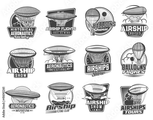 Dirigible airships and balloons vector icons of zeppelin, vintage air transportation. Historical airship museum, show of retro aircraft, dirigible or balloon aeronautics society isolated emblems set